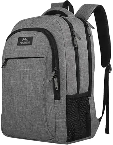 The grey MATEIN travel laptop backpack standing upright