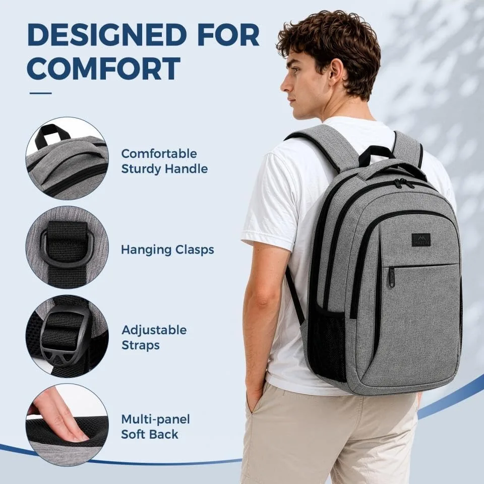 Close view of the MATEIN backpack zippers, luggage strap, and water bottle pocket
