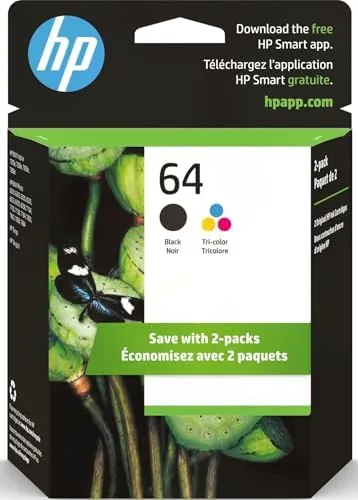 The HP 64 black and tri-color ink cartridges in their retail packaging