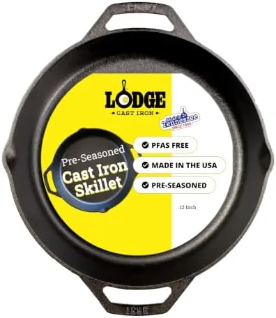Top down view of the Lodge 12 inch cast iron dual handle pan showing the pre-seasoned cooking surface