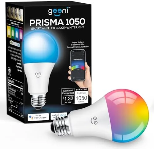 Geeni Prisma 1050 Wi-Fi LED Light Bulb, Multicolor (2700K), Dimmable A21 | 75-Watt equivalent Review: Tested and Rated