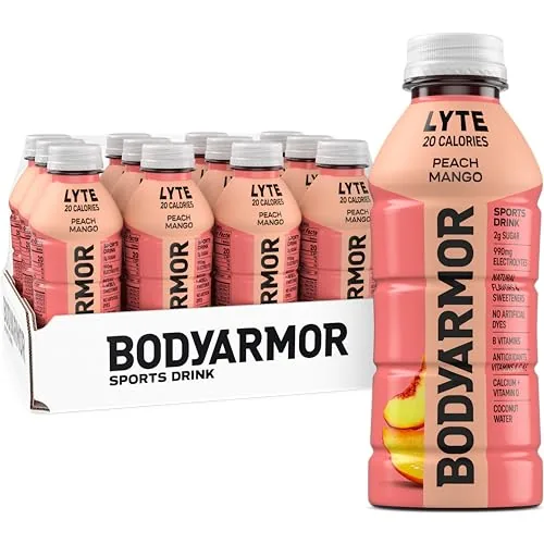 Two BODYARMOR LYTE Peach Mango bottles standing together showing the label design