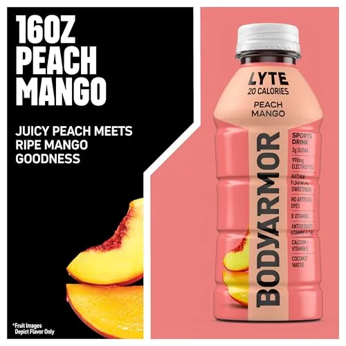 BODYARMOR LYTE Peach Mango bottle next to running shoes after a training session