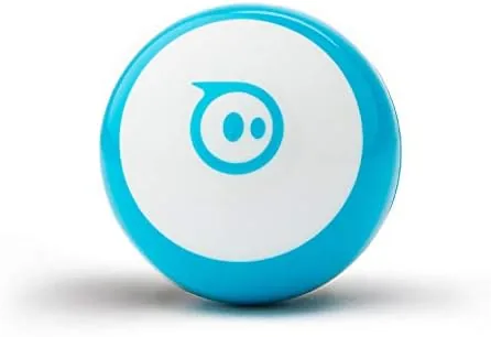 The blue Sphero Mini robot ball resting on a wooden floor