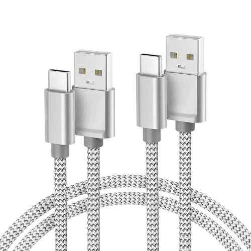 Two silver braided Basesailor USB A to USB C cables coiled together on a table