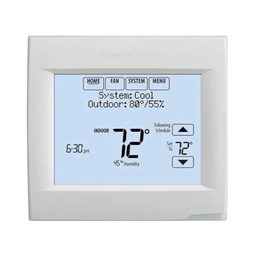 The Honeywell TH8321WF1001/U Wi-Fi 8000 thermostat mounted on a wall