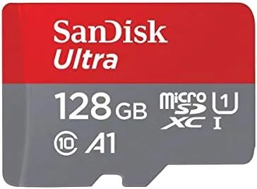 The SanDisk 128GB Ultra microSD card with its red and gray label