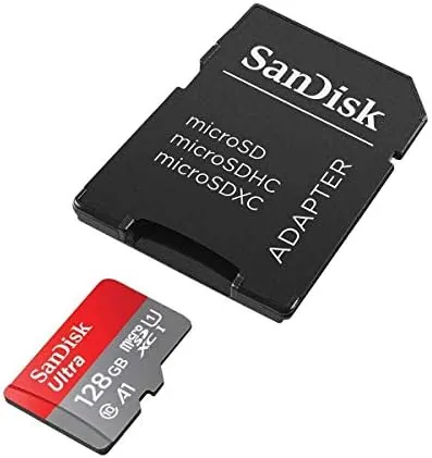 The SanDisk Ultra card beside a smartphone, action camera, and drone