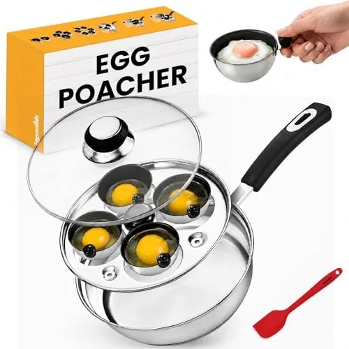 The Eggssentials stainless steel egg poacher with four cups and glass lid on a stovetop