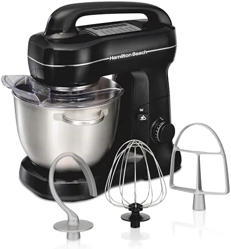 The Hamilton Beach 4 quart stand mixer on a kitchen counter with the bowl attached