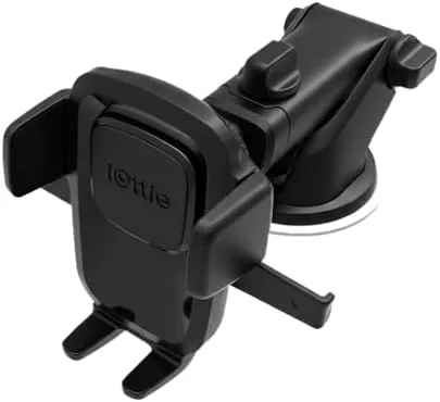 The phone mount holding a phone in landscape orientation on a windshield