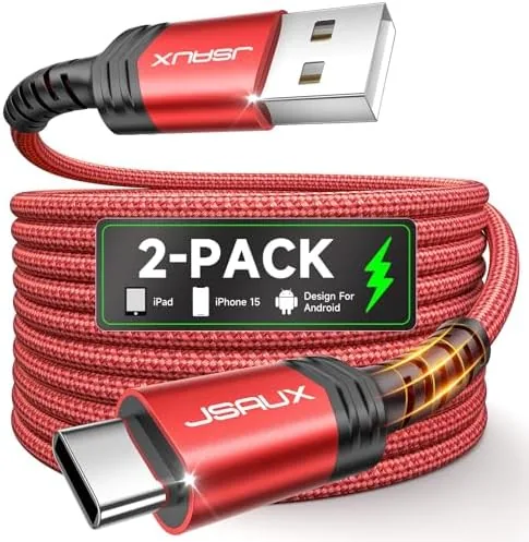 The red braided JSAUX USB C cable coiled on a desk