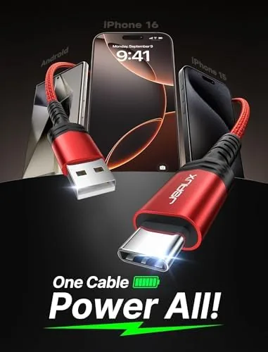 Close up of the USB A and USB C connectors at each end of the cable