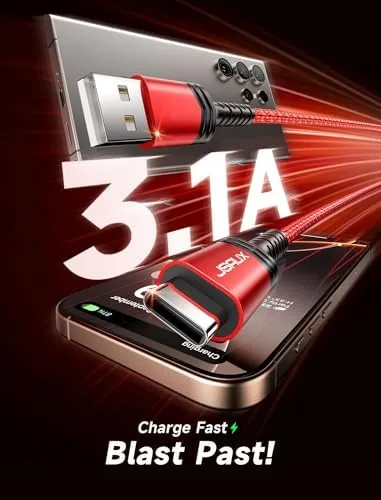 A phone charging through the JSAUX cable connected to a wall adapter