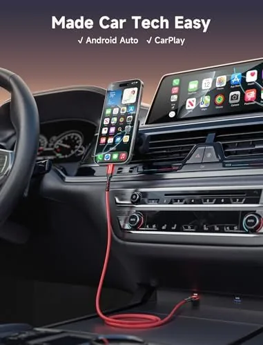 The cable connected to a phone in a car for CarPlay