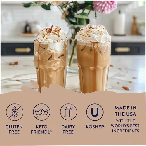 A protein shake being mixed with a pump of the salted caramel syrup