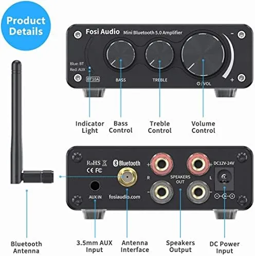 Detail shot of the Fosi Audio BT10A Bluetooth 5.0 Stereo Audio Amplifier Receiver 2 features