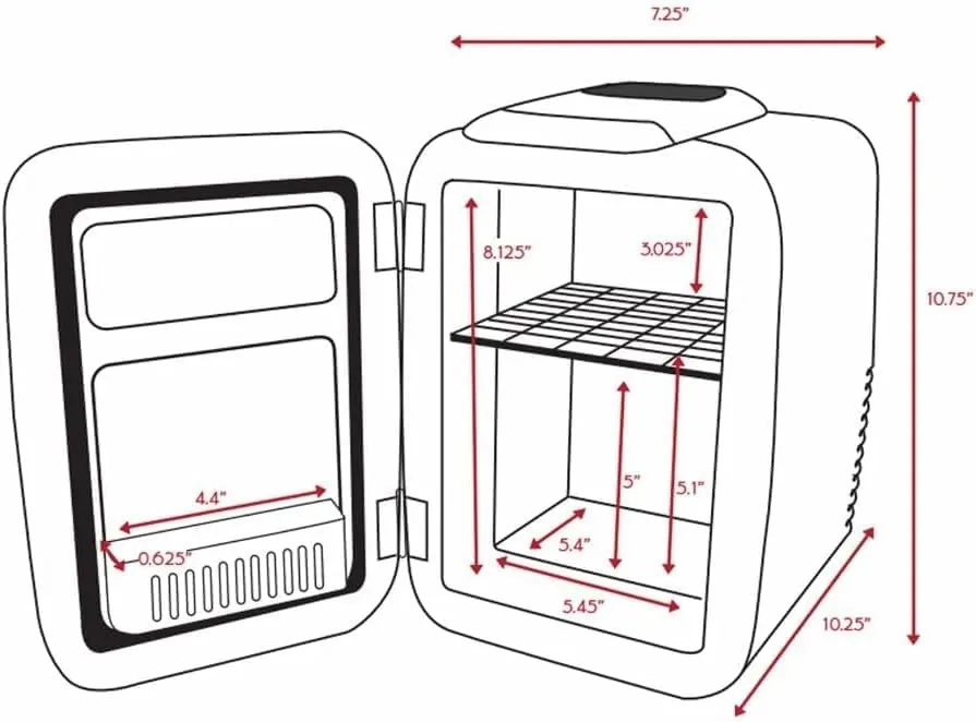 A dorm room setup with the Cooluli mini fridge holding drinks and skincare