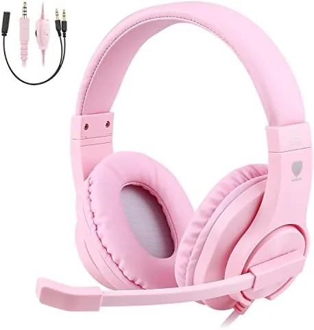 BlueFire kids headphones in pink resting on a desk with the cord visible