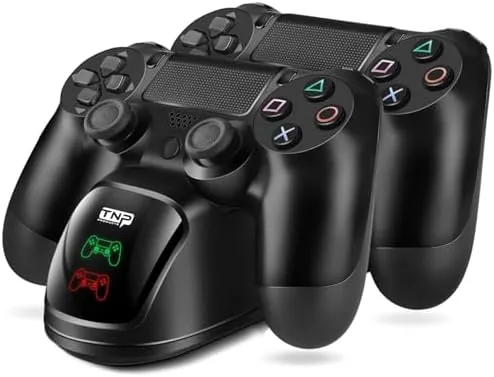TNP PS4 controller charging station dock with two DualShock 4 controllers resting in the cradles