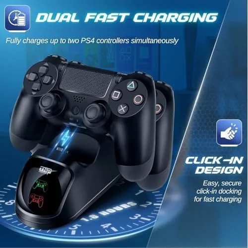 Close up of a controller seated in the charging cradle making contact with the gold pins