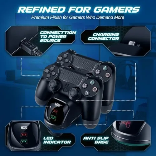 Charging station next to a PS4 console showing the tidy cable routing