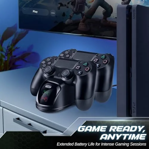 Two controllers fully charged and stored neatly on the dock beside a game console