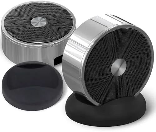 The twin chrome Bluetooth speakers sitting side by side