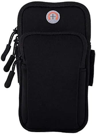 Running armband phone holder with a phone fitted into the clear pouch