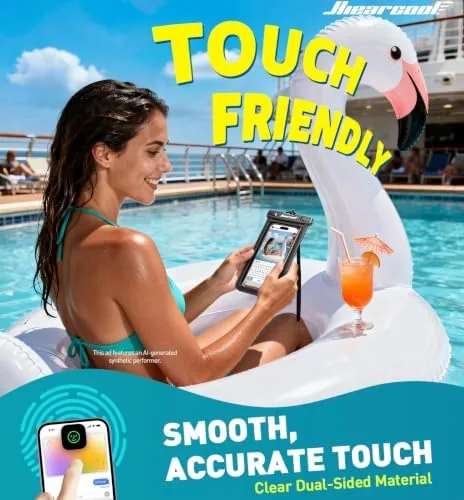 Pouch hanging from a lanyard while a user takes a photo on the beach