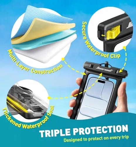Pouch submerged in clear water with the phone visible inside