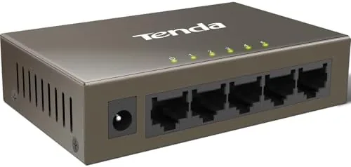 Tenda 5 port Ethernet switch on a desk with network cables connected