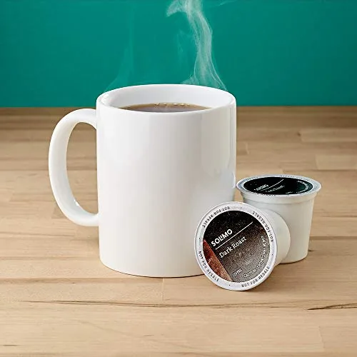 A row of Solimo dark roast coffee pods with the foil tops facing up