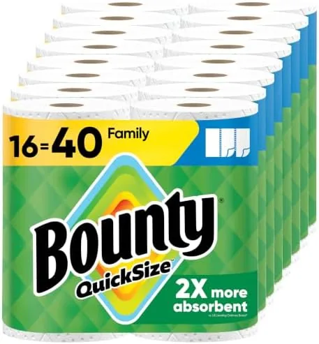 A stack of Bounty Quick Size family rolls in a pantry