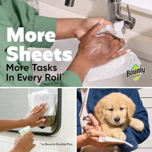 A Bounty paper towel soaking up a water spill on a kitchen counter
