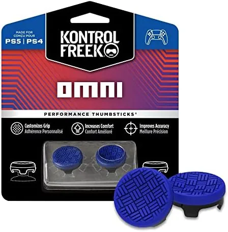 The KontrolFreek Omni blue thumbsticks installed on a PS5 DualSense controller
