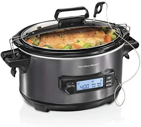 Hamilton Beach Set and Forget slow cooker with the lid locked for travel