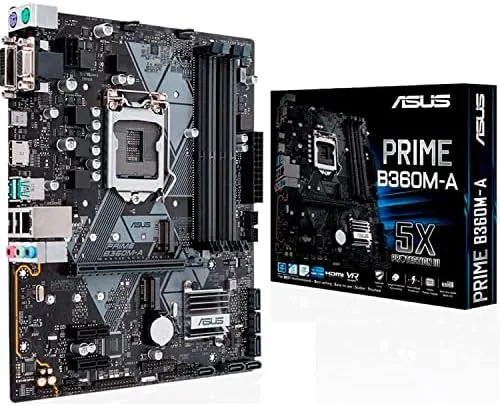 ASUS PRIME B360M-A motherboard laid out on a desk showing the mATX size