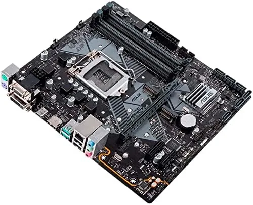 Fully assembled PC build showing the B360M-A inside a compact case