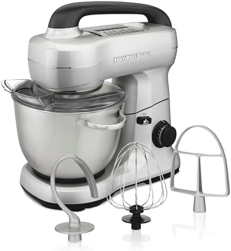 Hamilton Beach stand mixer with the silver finish on a counter
