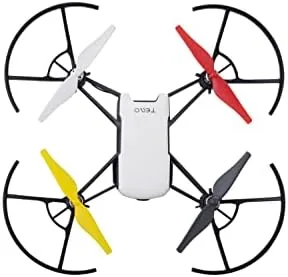 DJI Tello hovering in flight with the replacement propellers installed