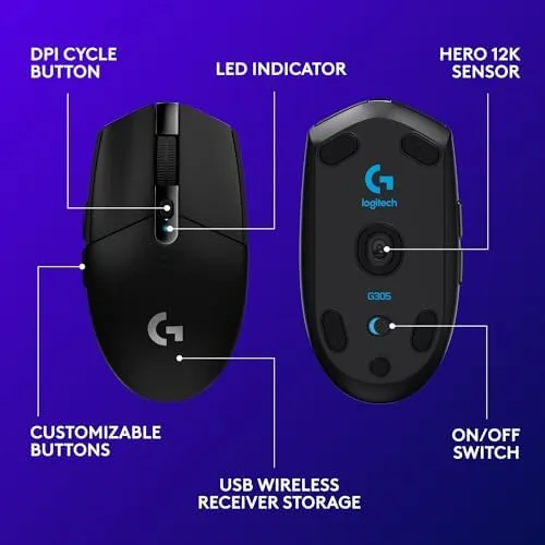 Black G305 mouse beside a laptop keyboard