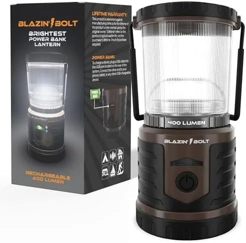 The rugged Blazin Bolt lantern standing on a camping table