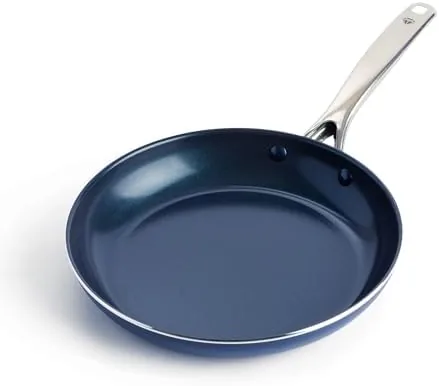 The blue Blue Diamond 10-inch skillet on a stovetop