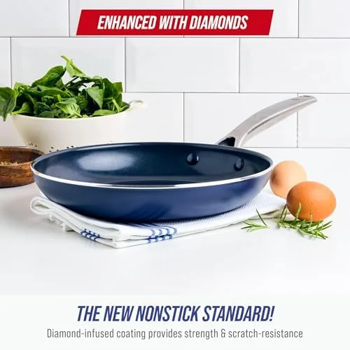 Close up of the diamond patterned blue ceramic surface of the pan