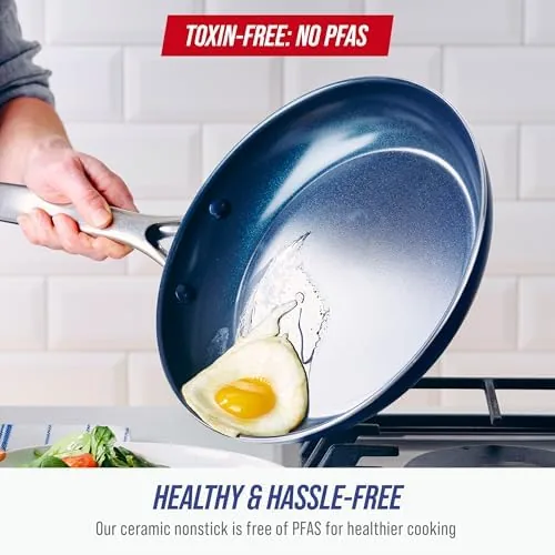 An egg sliding across the Blue Diamond pan to show the nonstick surface