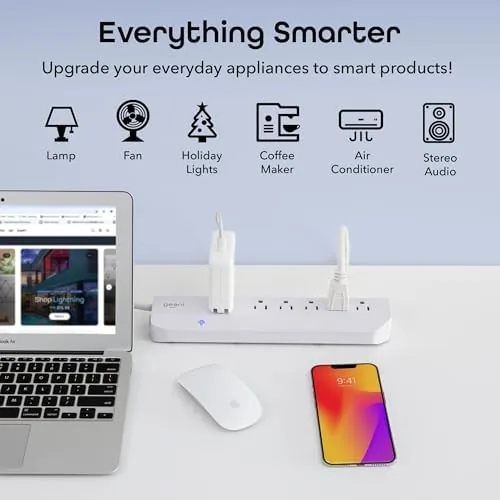 Detail shot of the Geeni Smart Surge Protector Power Strip with 6 Wi-Fi Outlets features