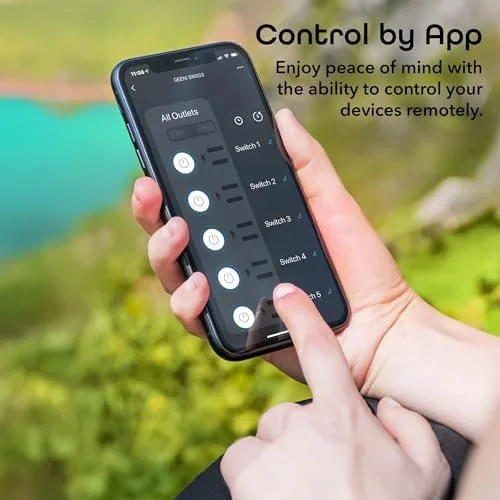 The Geeni Smart Surge Protector Power Strip with 6 Wi-Fi Outlets in real use