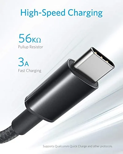 A smartphone charging from a wall adapter using the Anker USB A to USB C cable