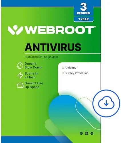 Webroot Antivirus Software 2026 download code on a desk beside a laptop